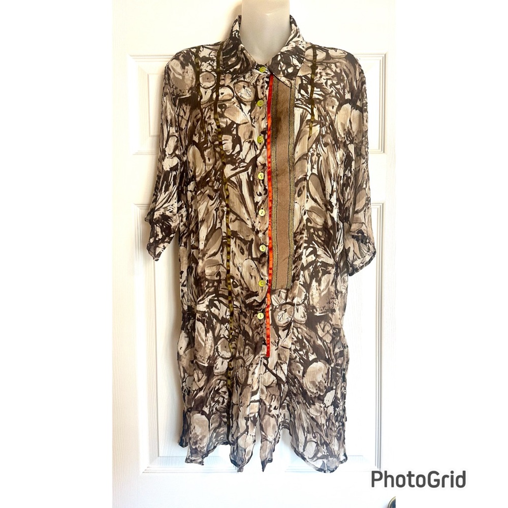 100 % Silk Alain Weiz Women's Brown Abstract Button-Down Tunic Duster